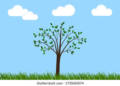 Un árbol contra el cielo sobre la hierba en el campo. Fondo vectorial del paisaje verde. Primavera al estilo de las caricaturas.