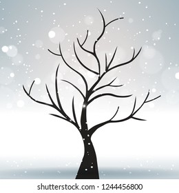 A tree against a winter and gray landscape with bright sun highlights. Vector illustration