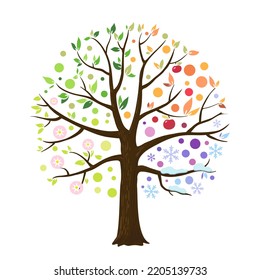 Tree as all seasons symbol, vector illustration, single tree with spring flowers, summer leaves, autumn fruits and winter snowflakes