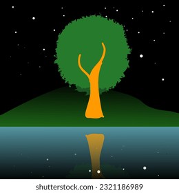 A tree alone beside the lake at night