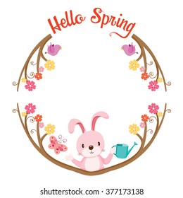 Tree With Animal On Circle Frame, Spring Season, Lettering, Border, Nature