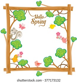 Tree With Animal On Square Frame, Spring Season, Lettering, Border, Nature