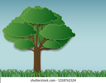 Tree ans grass nature paper cut graphic vector