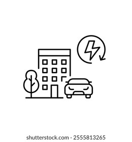 Tree, apartment building, car and lightning in arrow. Sustainable urban living, energy saving consumption, use of alternative sources. Pixel perfect, editable stroke icon