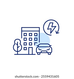 Tree, apartment building, car and lightning in arrow. Sustainable urban living, energy saving consumption, use of alternative sources. Pixel perfect vector icon