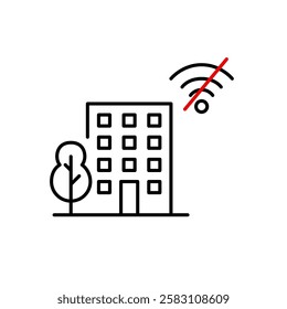 Tree, apartment building and no wi-fi symbol. Unconnected community, smart home signal off. Pixel perfect vector icon