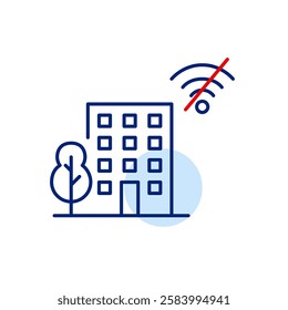 Tree, apartment building and no wi-fi symbol. Unconnected community, smart home signal off. Pixel perfect, editable stroke icon