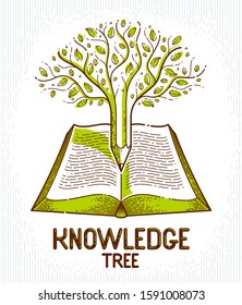 Tree with apples combined with pencil over open vintage book education or science knowledge concept, educational or scientific literature library vector logo or emblem. 