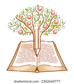 Árbol con manzanas combinadas con lápiz sobre el concepto de conocimiento científico o educación de libros vintage, logotipo o emblema de la biblioteca de literatura científica o educativa. 