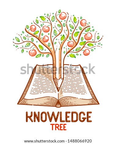 Tree with apples combined with pencil over open vintage book education or science knowledge concept, educational or scientific literature library vector logo or emblem. 
