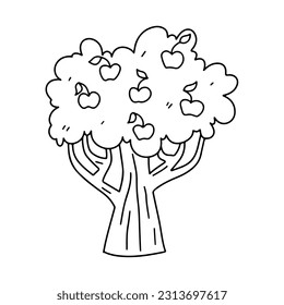 Tree with apples in hand drawn doodle style. Vector illustration isolated on white. Coloring page.