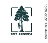 Tree arborist logo with worker ascending a tall green pine tree
