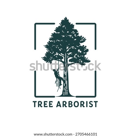 Tree arborist logo with worker ascending a tall green pine tree