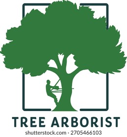 Tree arborist logo, worker silhouette climbing with saw, tree care.