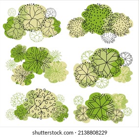Tree for architectural floor plans. Entourage design. Various trees, bushes, and shrubs, top view for the landscape design plan. Vector illustration.