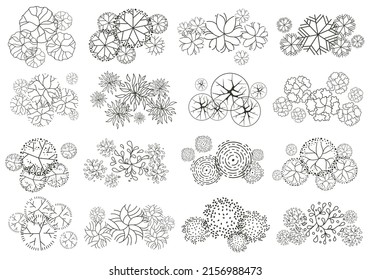 Tree for architectural floor plans. Entourage design. Various trees, bushes, and shrubs, top view for the landscape design plan. Vector illustration.