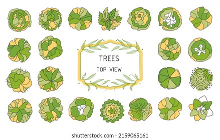 Árbol para planos de pisos arquitectónicos. Diseño de Entourage. Varios árboles, arbustos y arbustos, dan a la planta de diseño del paisaje. Ilustración vectorial.