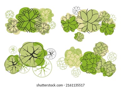 Árbol para planos de pisos arquitectónicos. Diseño de Entourage. Varios árboles, arbustos y arbustos, dan a la planta de diseño del paisaje. Ilustración vectorial.