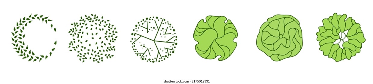 Árbol para planos de pisos arquitectónicos. Diseño de Entourage. Varios árboles, arbustos y arbustos, dan a la planta de diseño del paisaje. Ilustración vectorial.