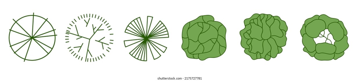 Tree for architectural floor plans. Entourage design. Various trees, bushes, and shrubs, top view for the landscape design plan. Vector illustration.