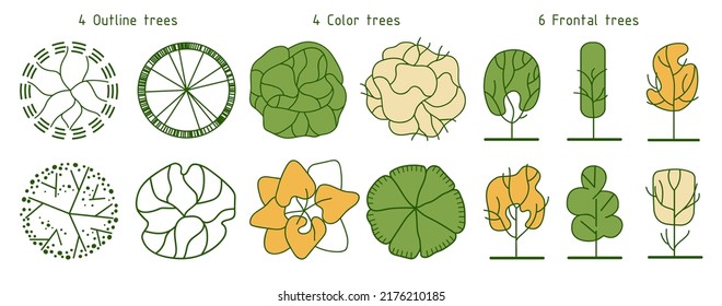 Tree for architectural floor plans. Entourage design. Various trees, bushes, and shrubs, top view for the landscape design plan. Vector illustration.