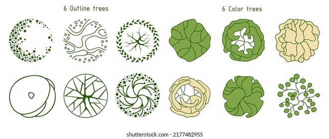 Tree for architectural floor plans. Entourage design. Various trees, bushes, and shrubs, top view for the landscape design plan. Vector illustration.