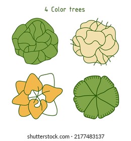 Tree for architectural floor plans. Entourage design. Various trees, bushes, and shrubs, top view for the landscape design plan. Vector illustration.