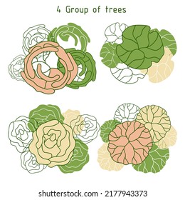 Árbol para planos de pisos arquitectónicos. Diseño de Entourage. Varios árboles, arbustos y arbustos, dan a la planta de diseño del paisaje. Ilustración vectorial.