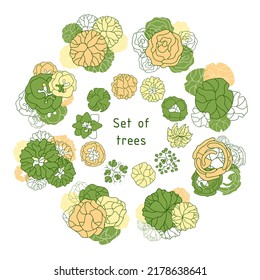 Tree for architectural floor plans. Entourage design. Various trees, bushes, and shrubs, top view for the landscape design plan. Vector illustration.