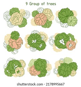 Tree for architectural floor plans. Entourage design. Various trees, bushes, and shrubs, top view for the landscape design plan. Vector illustration.