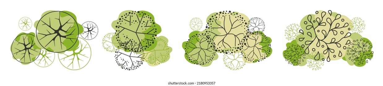 Tree for architectural floor plans. Entourage design. Various trees, bushes, and shrubs, top view for the landscape design plan. Vector illustration.