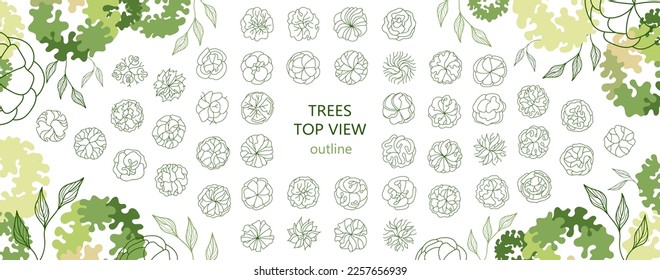 Árbol para planos de pisos arquitectónicos. Diseño de Entourage. Varios árboles, arbustos y arbustos, dan a la planta de diseño del paisaje. Ilustración vectorial.