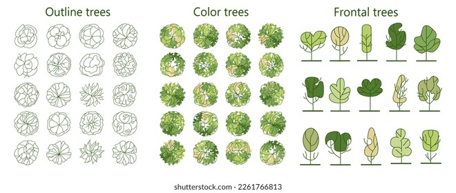 Tree for architectural floor plans. Entourage design. Various trees, bushes, and shrubs, top view for the landscape design plan. Vector illustration.