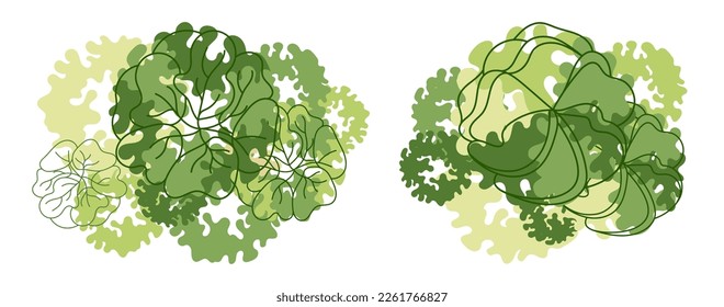 Árbol para planos de pisos arquitectónicos. Diseño de Entourage. Varios árboles, arbustos y arbustos, dan a la planta de diseño del paisaje. Ilustración vectorial.