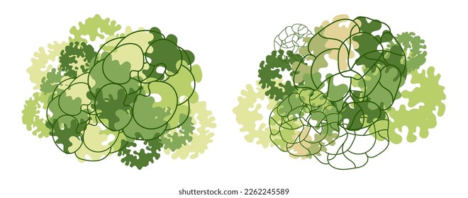 Tree for architectural floor plans. Entourage design. Various trees, bushes, and shrubs, top view for the landscape design plan. Vector illustration.