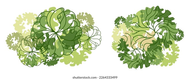 Tree for architectural floor plans. Entourage design. Various trees, bushes, and shrubs, top view for the landscape design plan. Vector illustration.