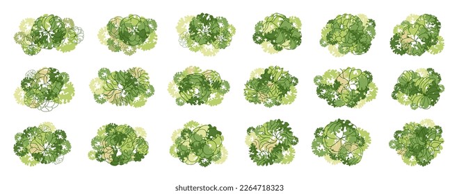 Tree for architectural floor plans. Entourage design. Various trees, bushes, and shrubs, top view for the landscape design plan. Vector illustration.