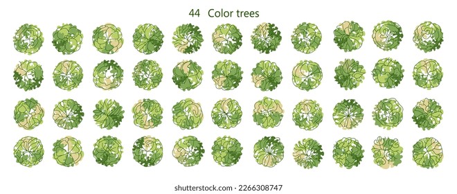 Tree for architectural floor plans. Entourage design. Various trees, bushes, and shrubs, top view for the landscape design plan. Vector illustration.