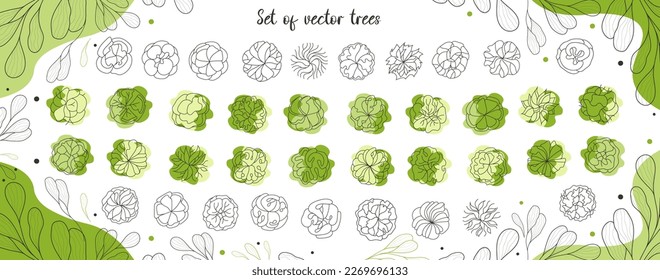 Tree for architectural floor plans. Entourage design. Various trees, bushes, and shrubs, top view for the landscape design plan. Vector illustration.