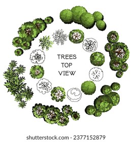 Tree for architectural floor plans. Entourage design. Various trees, bushes, and shrubs, top view for the landscape design plan. Vector illustration