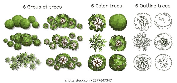 Tree for architectural floor plans. Entourage design. Various trees, bushes, and shrubs, top view for the landscape design plan. Vector illustration.