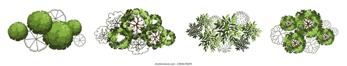 Árbol para planos de pisos arquitectónicos. Diseño de Entourage. Varios árboles, arbustos y arbustos, dan a la planta de diseño del paisaje. Ilustración vectorial.