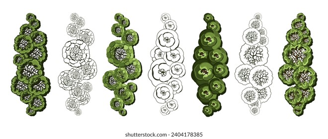 Tree for architectural floor plans. Entourage design. Various trees, bushes, and shrubs, top view for the landscape design plan. Vector illustration.
