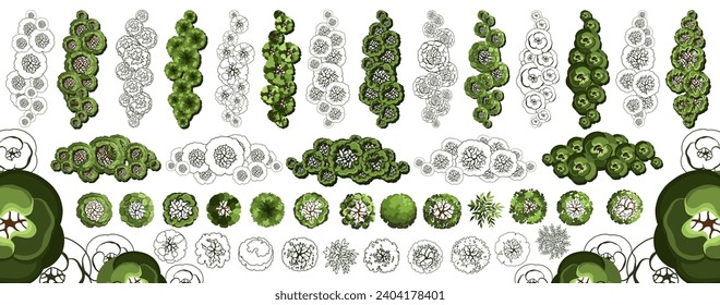 Tree for architectural floor plans. Entourage design. Various trees, bushes, and shrubs, top view for the landscape design plan. Vector illustration.