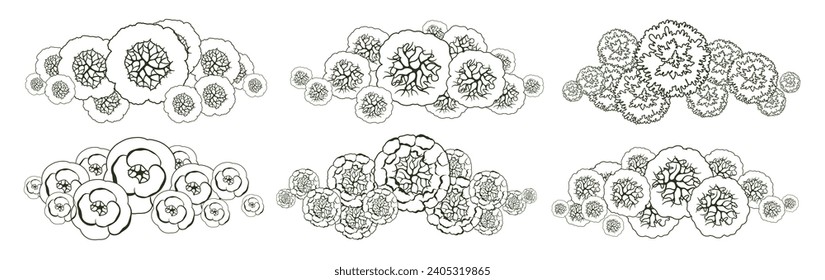 Tree for architectural floor plans. Entourage design. Various trees, bushes, and shrubs, top view for the landscape design plan. Vector illustration.