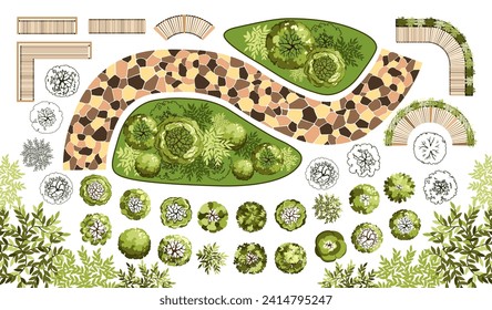 Tree for architectural floor plans. Entourage design. Various trees, bushes, and shrubs, top view for the landscape design plan. Vector illustration.