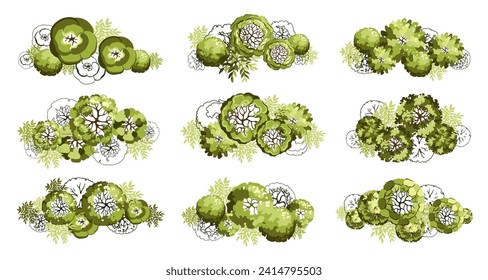 Tree for architectural floor plans. Entourage design. Various trees, bushes, and shrubs, top view for the landscape design plan. Vector illustration.
