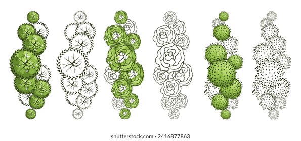 Tree for architectural floor plans. Entourage design. Various trees, bushes, and shrubs, top view for the landscape design plan. Vector illustration.