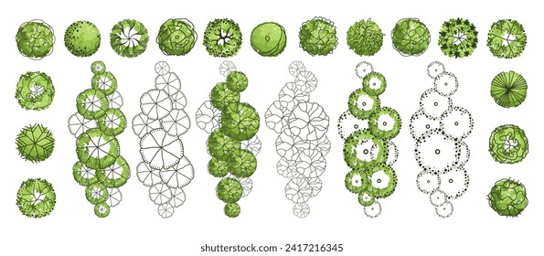 Tree for architectural floor plans. Entourage design. Various trees, bushes, and shrubs, top view for the landscape design plan. Vector illustration.