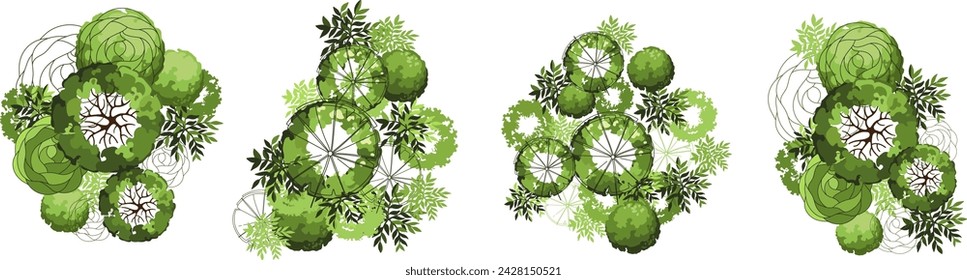 Tree for architectural floor plans. Entourage design. Various trees, bushes, and shrubs, top view for the landscape design plan. Vector illustration.